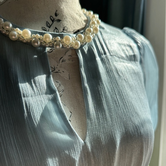 NWT D-PLAY Light Blue Pleated Midi Dress | Pearl Neckline | Size M - Picture 3 of 11